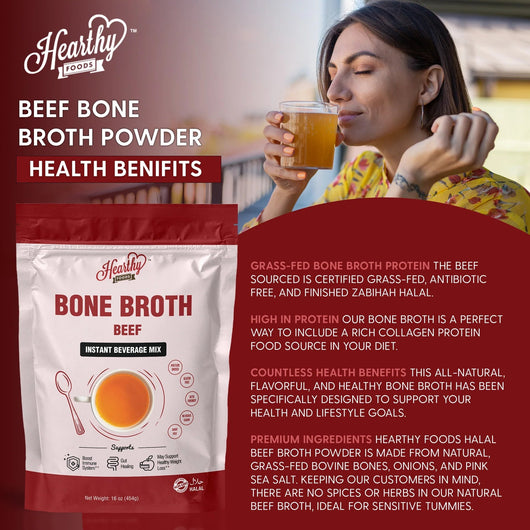 Hearthy Foods Bone Broth Beef Halal Certified Pasture Raised Sugar Free Gluten Free Dairy Free 454g