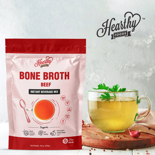 Hearthy Foods Bone Broth Beef Halal Certified Pasture Raised Sugar Free Gluten Free Dairy Free 454g