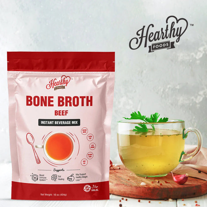 Hearthy Foods Bone Broth Beef Halal Certified Pasture Raised Sugar Free Gluten Free Dairy Free 454g