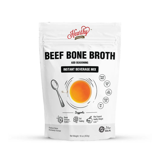 Hearthy Foods Bone Broth Beef Halal Certified Pasture Raised Sugar Free Gluten Free Dairy Free 454g