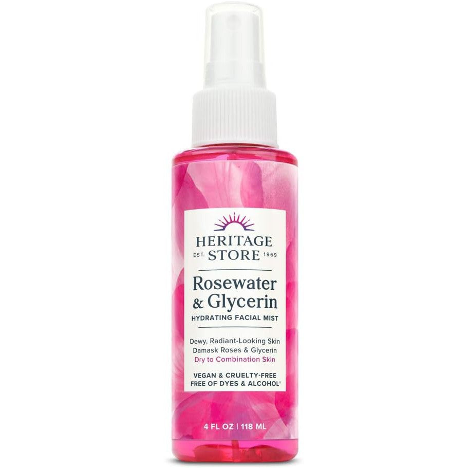 Heritage Store Rosewater & Glycerin Hydrating Facial Mist, for Dry Combination Skin Care, Rose Water Spray for Face with Vegetable Glycerine 118ml