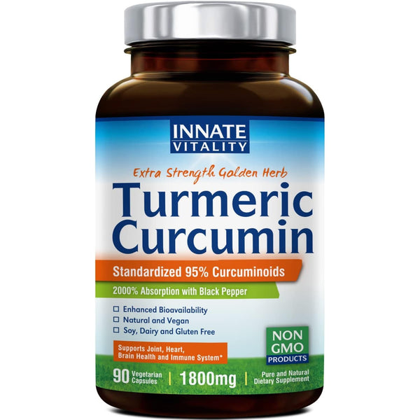 Innate Vitality Turmeric Curcumin, 1800mg with Black Pepper, Non-GMO, No Gluten, Joint Support, 90 Vegan Caps