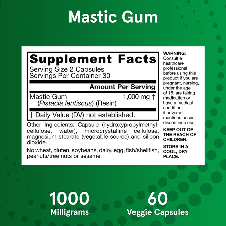 Jarrow Formulas Mastic Gum 1000 mg for Gastrointestinal Health Support, 60 Veggie Capsules Vegan and Gluten Free