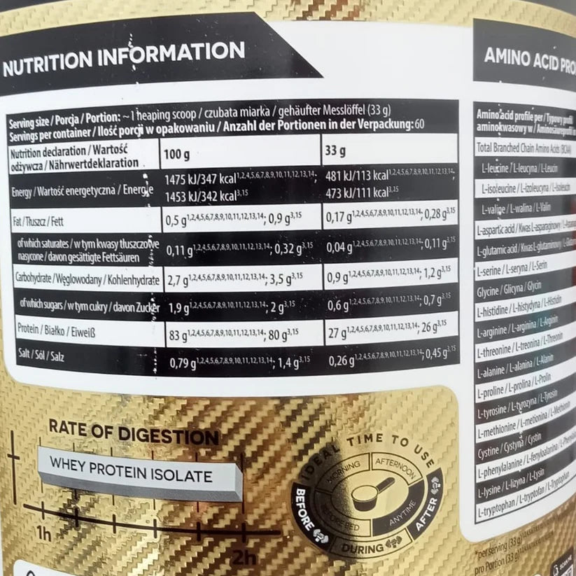 FA Gold ISO Whey Protein nutrition label showing detailed macro breakdown, amino acid profile, and digestion rate chart.