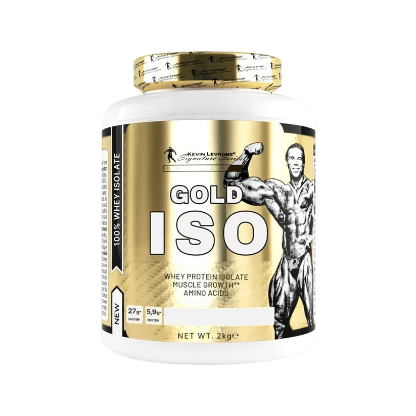 FA Gold ISO Whey Protein Isolate 2kg tub in white and gold packaging featuring a bodybuilder graphic.