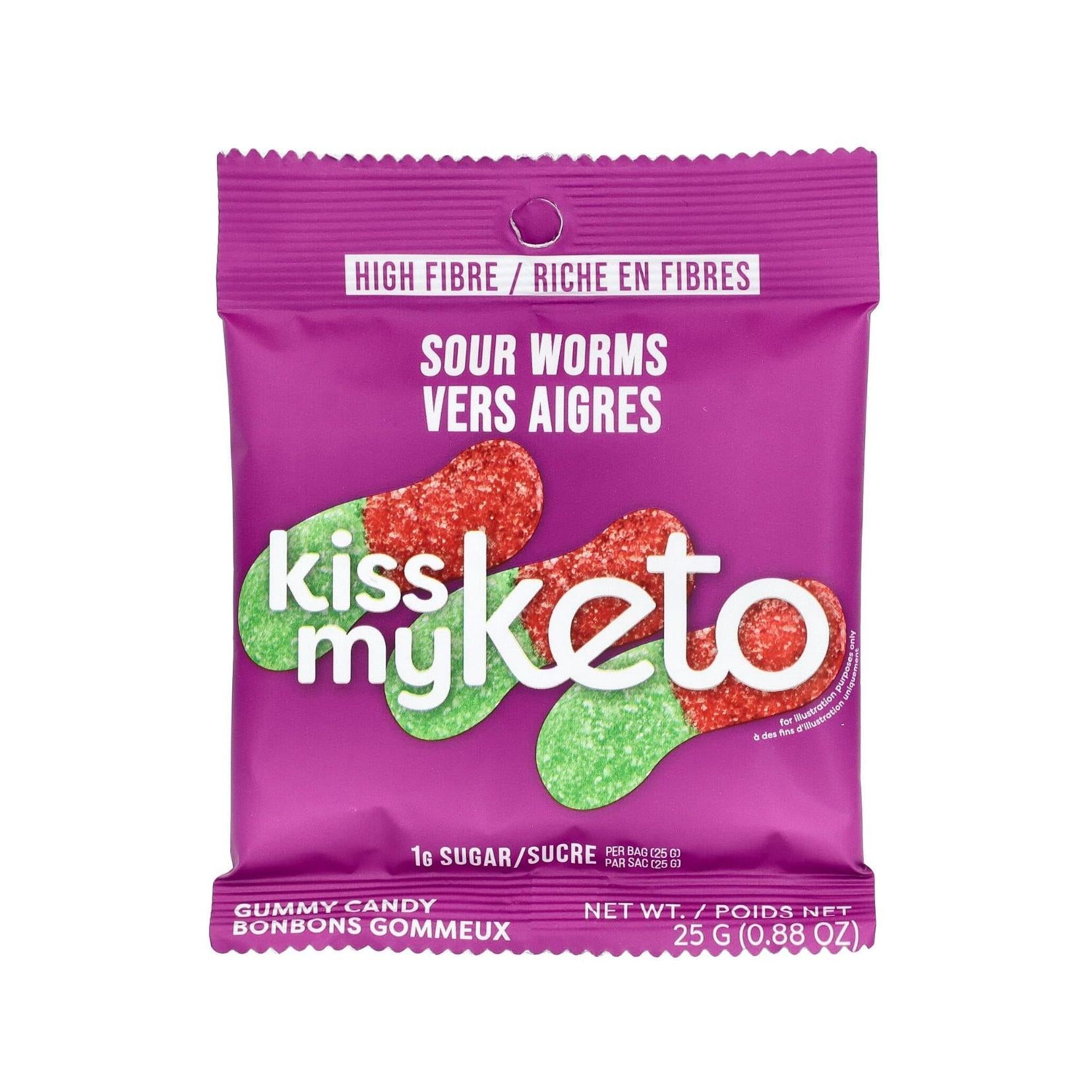 Kiss My Keto Keto Gummies Sour Worms 1g Sugar, Low Carb, High Fiber 25g