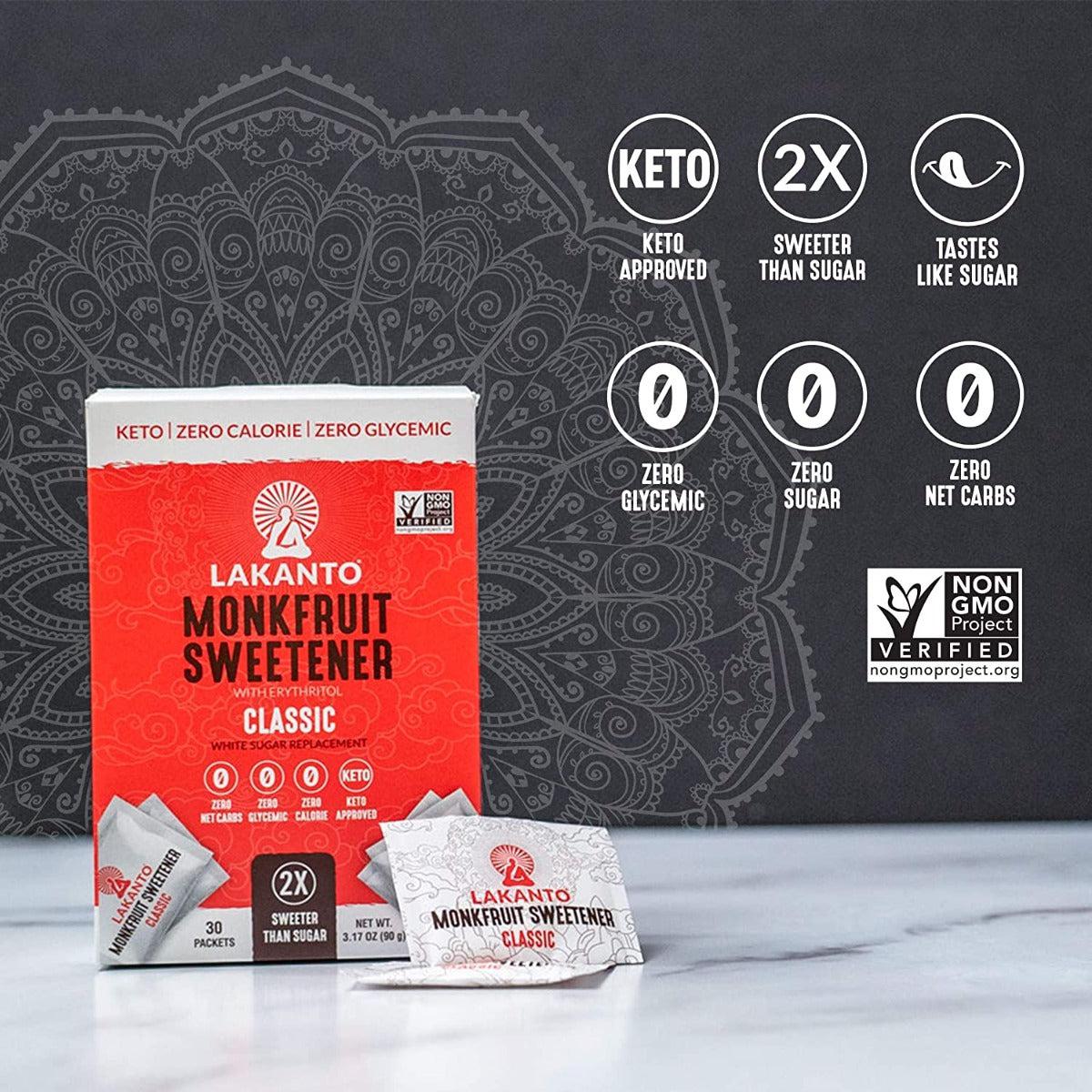 Lakanto Monk Fruit Sweetener With Erythritol Classic Keto Zero Calorie Zero Glycemic 30 Sachets