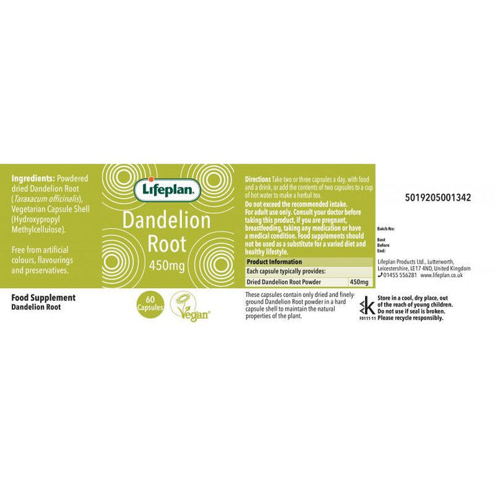 Lifeplan Dandelion Root 450mg 60 Vegan Capsules