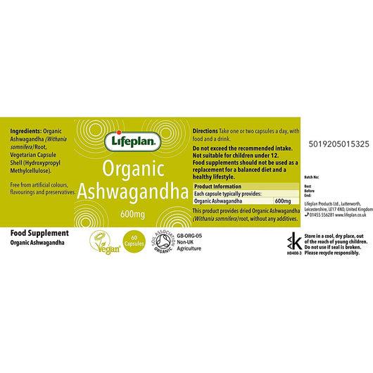 Lifeplan Organic Ashwagandha 600mg Additive Free Vegan 60 Capsules