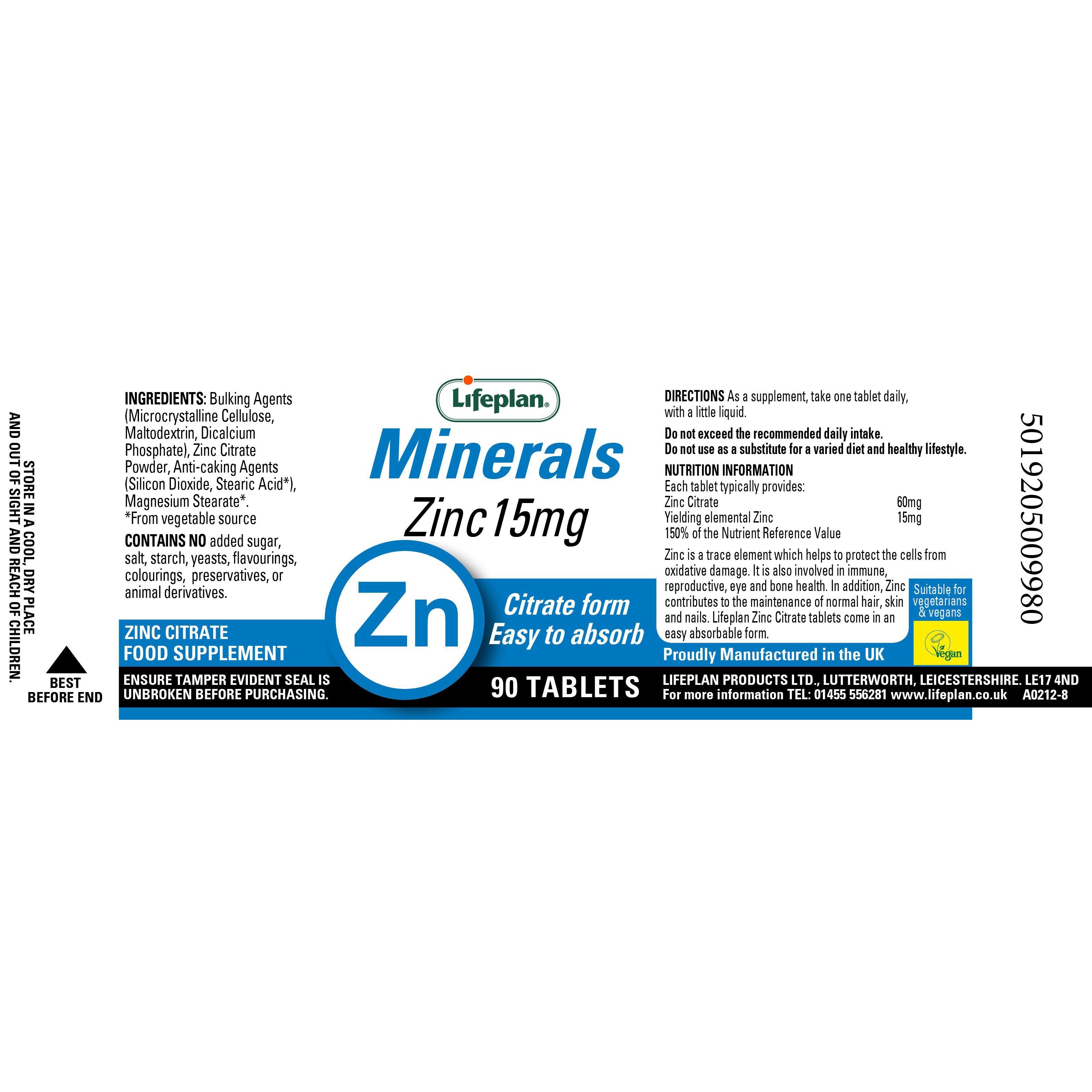 Lifeplan Zinc Citrate 15mg 90 Tablets