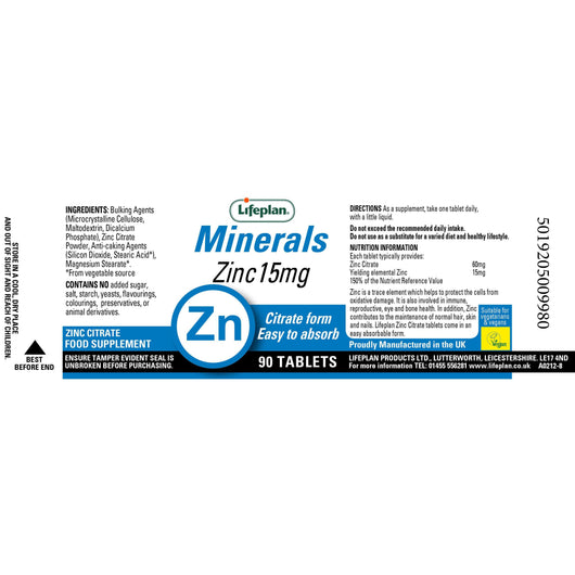 Lifeplan Zinc Citrate 15mg 90 Tablets