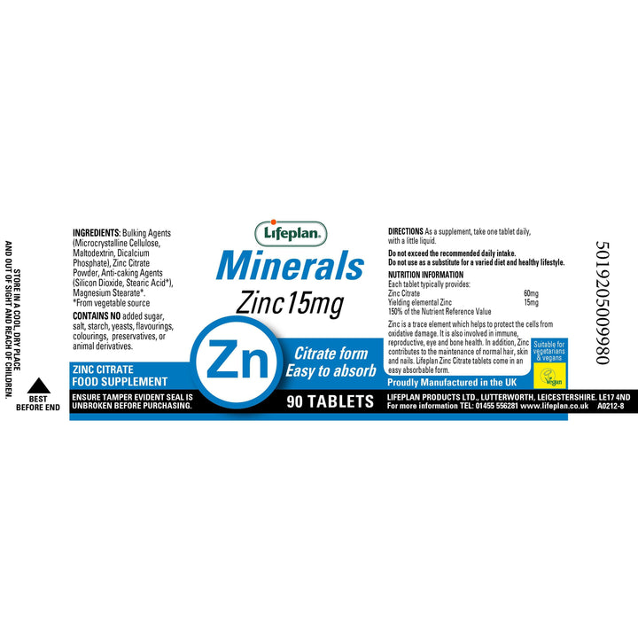 Lifeplan Zinc Citrate 15mg 90 Tablets