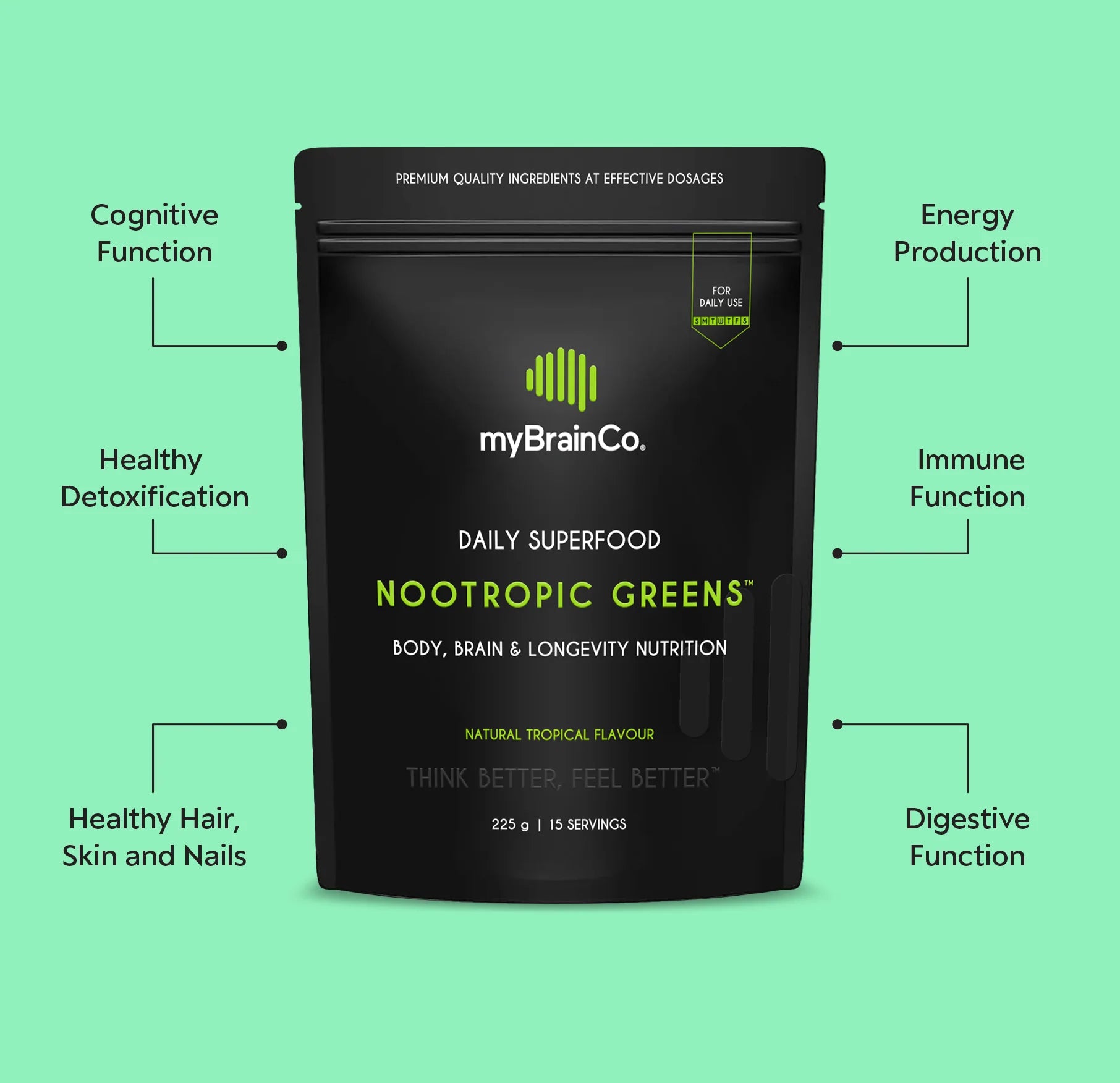 myBrainCo Nootropic Greens Daily Superfood for Body, Brain & Longevity 225g