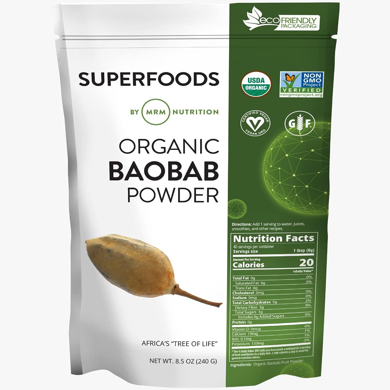 MRM Nutrition Organic Baobab Powder Superfoods, Digestive Health, Antioxidant 240g