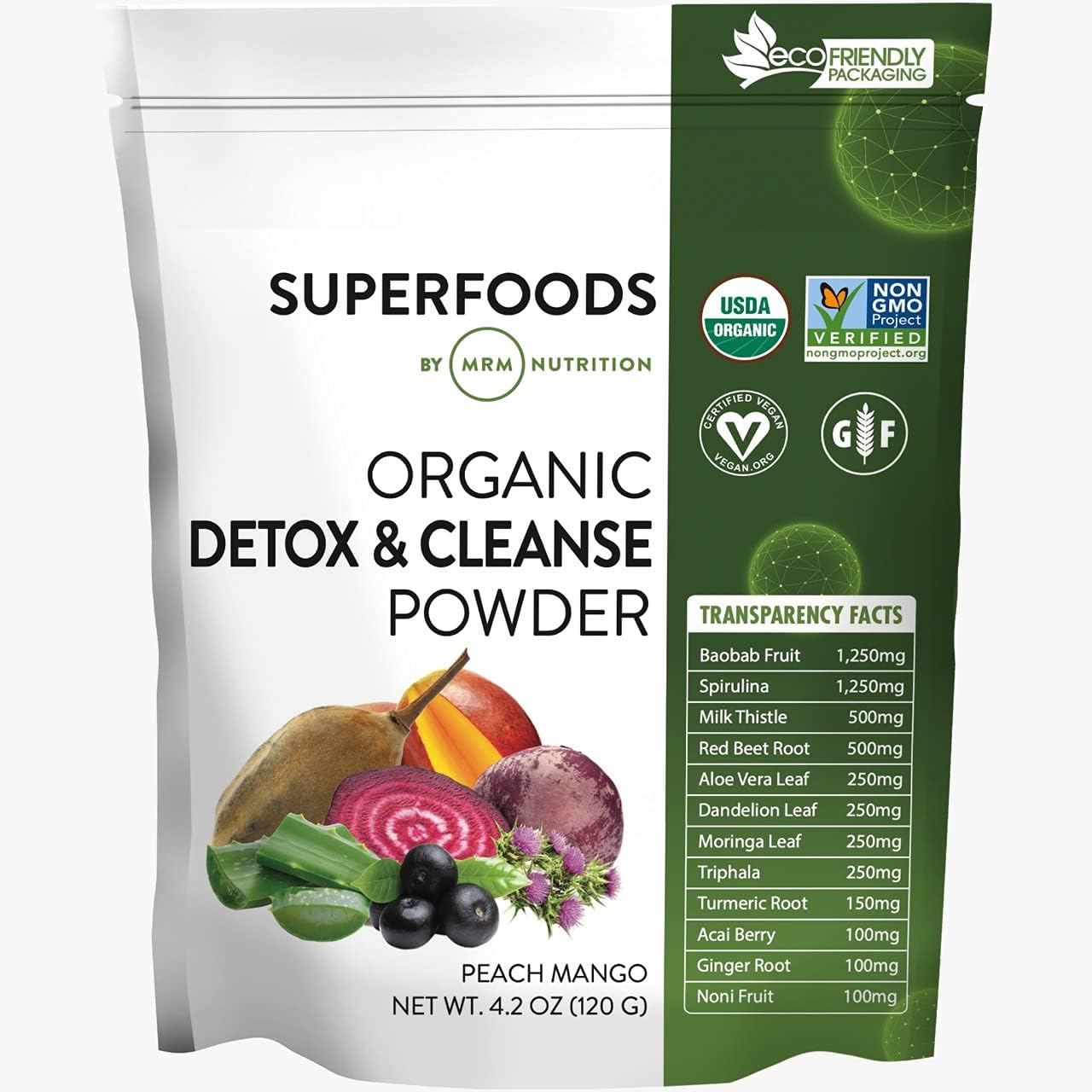MRM Nutrition Organic Detox and Cleanse Powder Superfoods Peach Mango Flavored High in Antioxidants + Chlorophyll 120g