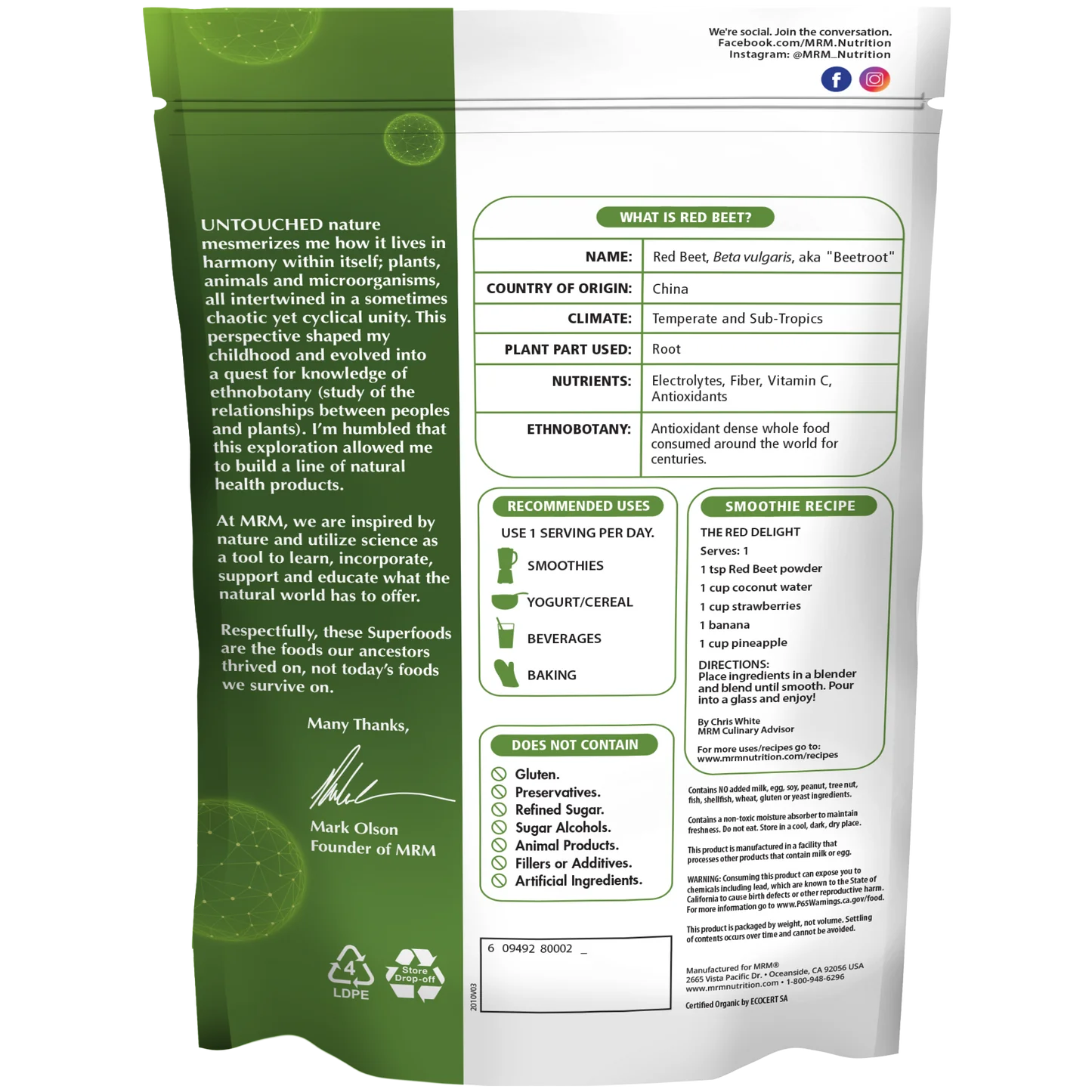 MRM Nutrition Organic Red Beet Powder Gluten Free Vegan 240g 24 servings