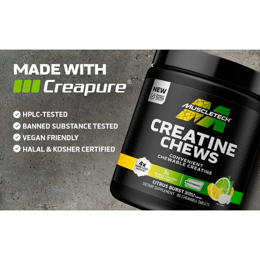 MuscleTech Creatine Chews Citrus Burst Flavor | Muscle Recovery + Builder for Men & Women | Workout Supplement | 90 Chewable Candies