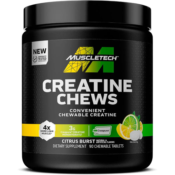 MuscleTech Creatine Chews Citrus Burst Flavor | Muscle Recovery + Builder for Men & Women | Workout Supplement | 90 Chewable Candies