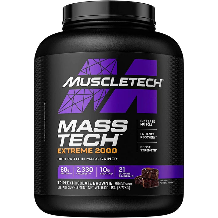 MuscleTech Mass Gainer Mass-Tech Extreme 2000, Muscle Builder Whey Protein Powder, 80g Protein + 10g Creatine + Carbs Chocolate Brownie 2.72 KG