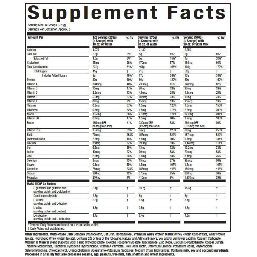 MuscleTech Mass Tech Extreme 2000 High Protein Mass Gainer 80g Protein ...