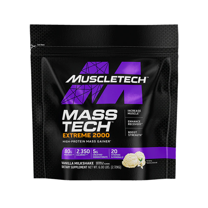 MuscleTech Mass Tech Extreme 2000 High Protein Mass Gainer 80g Protein with Creatine and 21 Vitamins & Minerals Vanilla Milkshake Flavor 2.72 Kg