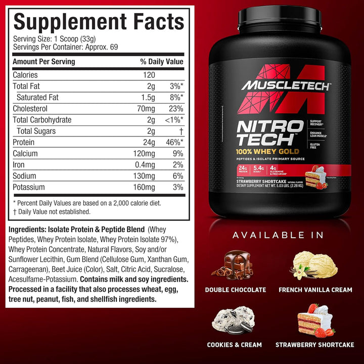 MuscleTech Nitro-Tech 100% Whey Gold | Isolate, Concentrate & Peptides | Ultra-Pure Whey Formula for Lean Muscle Strawberry Shortcake 2.27 KG