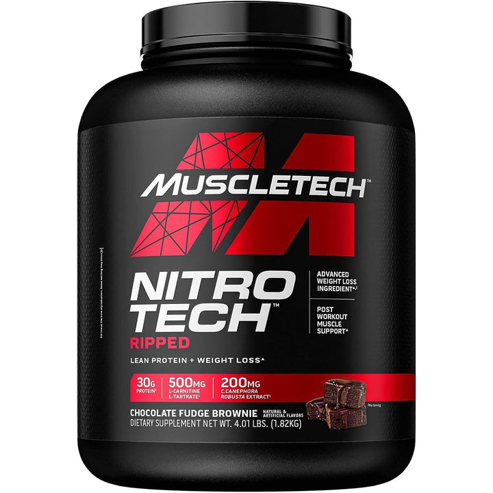 MuscleTech Nitro-Tech Ripped | Lean Protein + Weight Loss | Isolate, Concentrate & Peptides | 30g Protein 500mg L-Carnitine Chocolate Fudge Brownie 1.82 KG