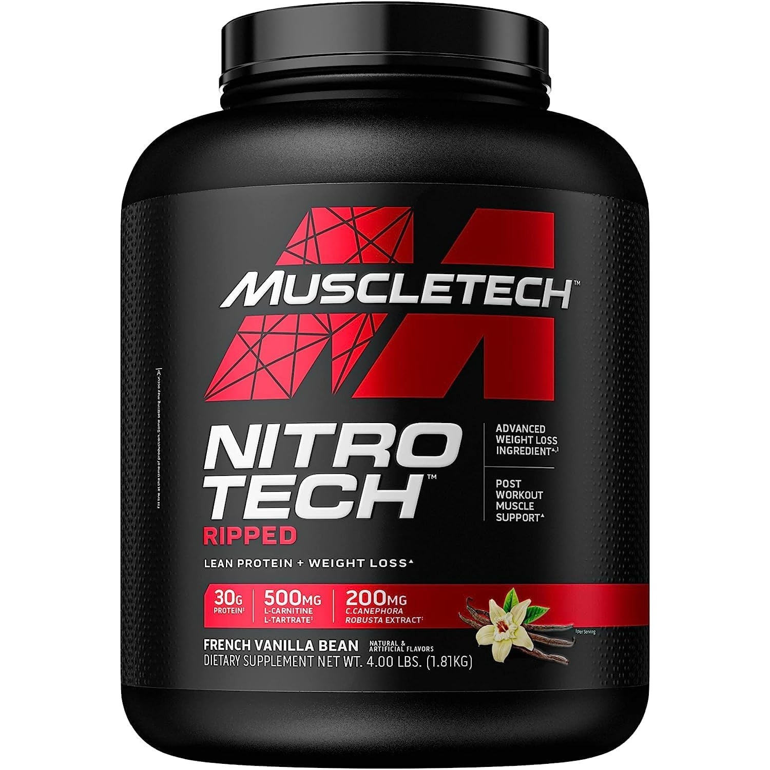 MuscleTech Nitro-Tech Ripped | Lean Protein + Weight Loss | Isolate, Concentrate & Peptides | 30g Protein 500mg L-Carnitine French Vanilla 1.82 KG