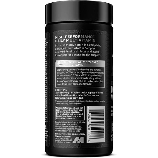 MuscleTech Platinum Multivitamin for Active Individuals 18 Vitamins & Minerals Vitamins 816mg Amino Support 90 Tablets