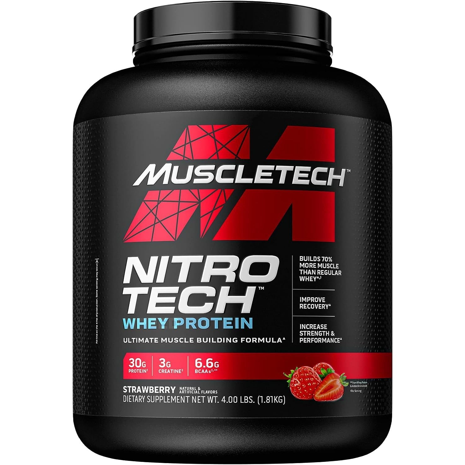 MuscleTech Whey Protein Powder Nitro-Tech | Isolate, Concentrate & Peptides | Protein + Creatine for Muscle Gain Strawberry 1.82 KG