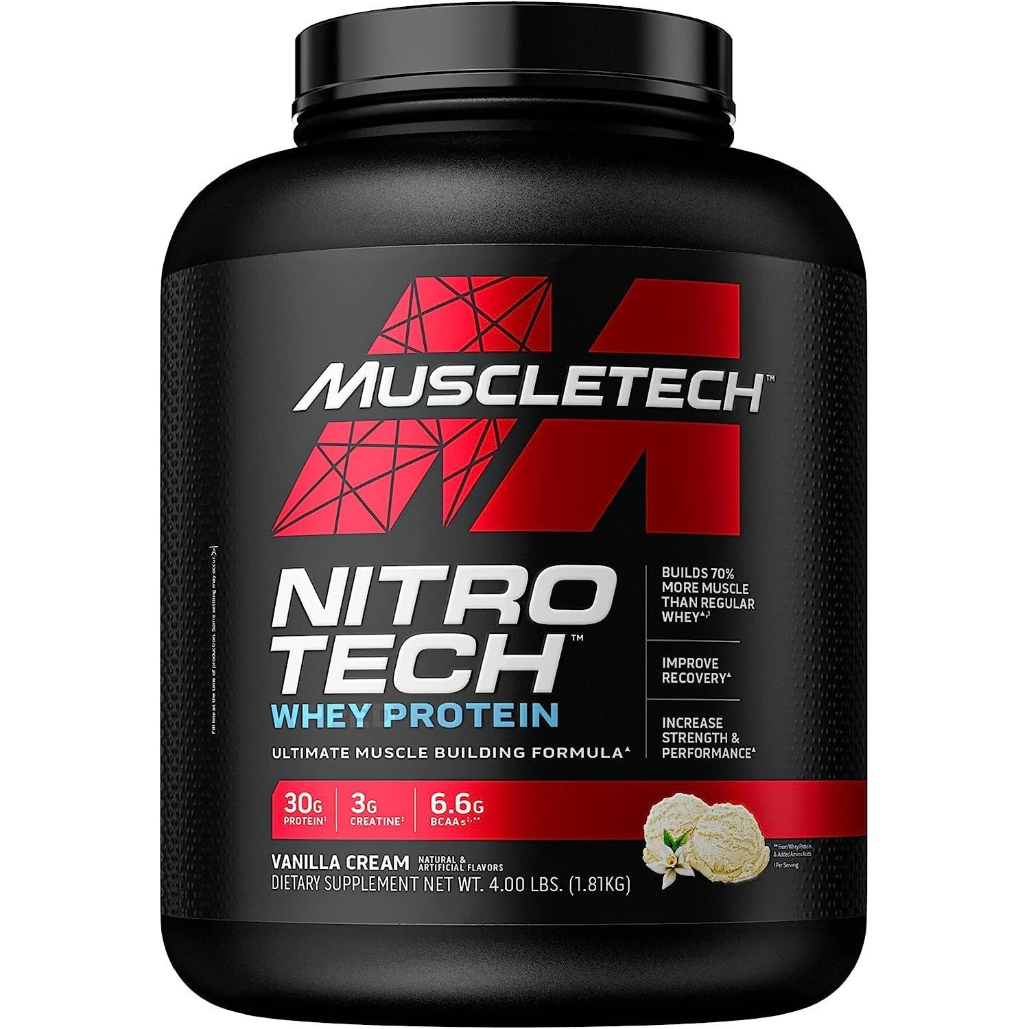 MuscleTech Whey Protein Powder Nitro-Tech | Isolate, Concentrate & Peptides | Protein + Creatine for Muscle Gain Vanilla Cream 1.82 KG