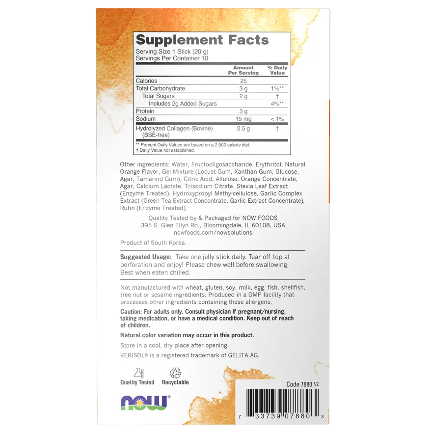 NOW Personal Care Collagen Jelly Beauty Complex Hydrolyzed Halal Bovine Sweet Orange - 10 Sticks