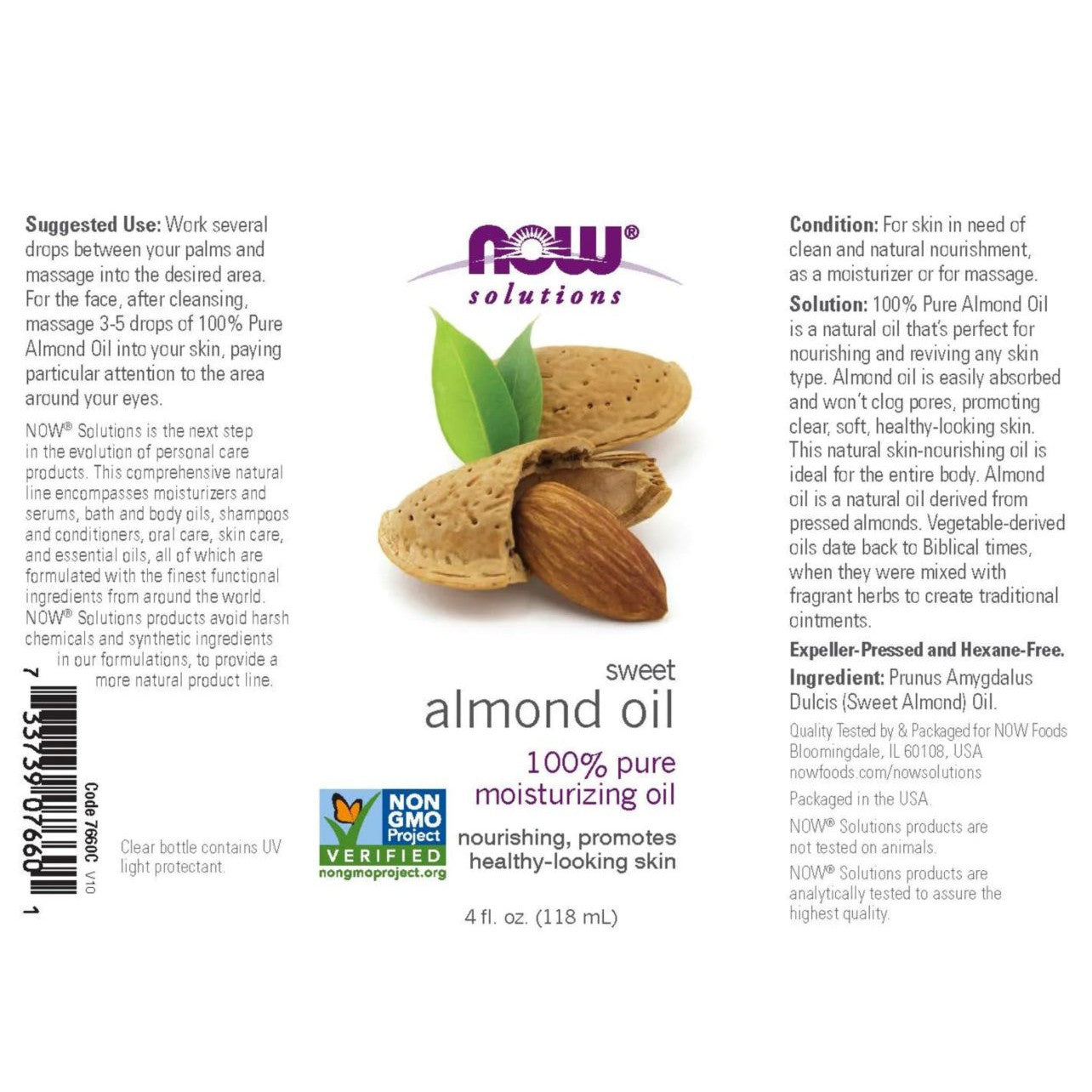 NOW Solutions, Sweet Almond Oil, Pure Unscented Moisturizing Oil, For Skin 118ml