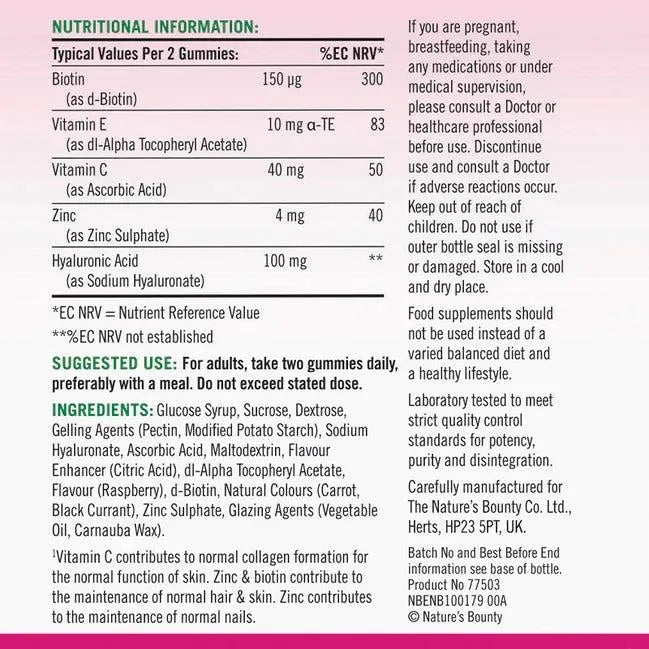 Nature's Bounty Beautiful Skin Gummies with Hyaluronic Acid Gluten Free 60 Gummies