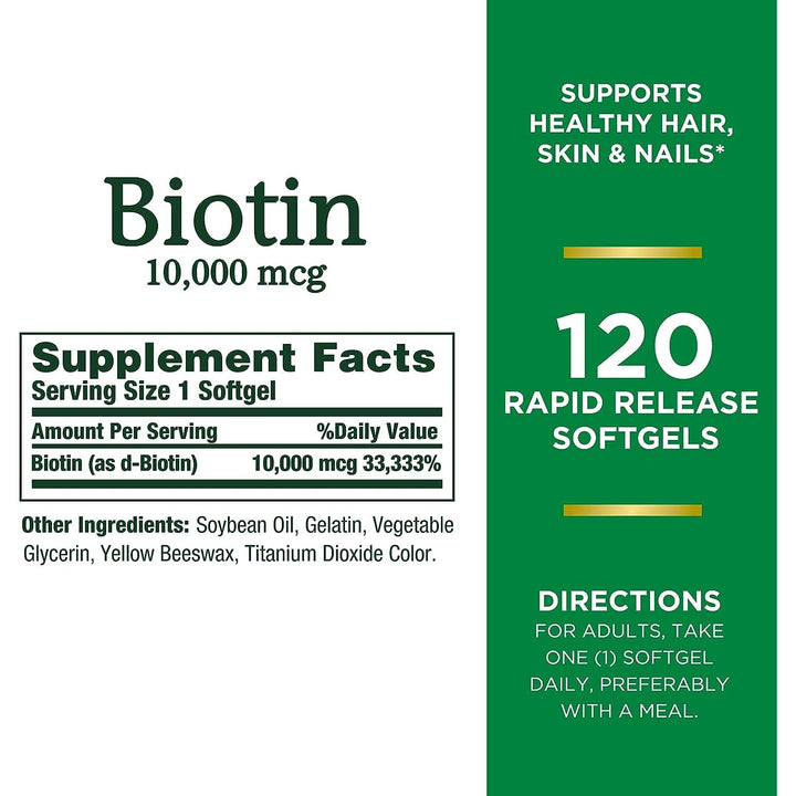 Nature's Bounty Biotin, Supports Healthy Hair, Skin and Nails, 10,000 mcg, Rapid Release Softgels, 120 Softgels