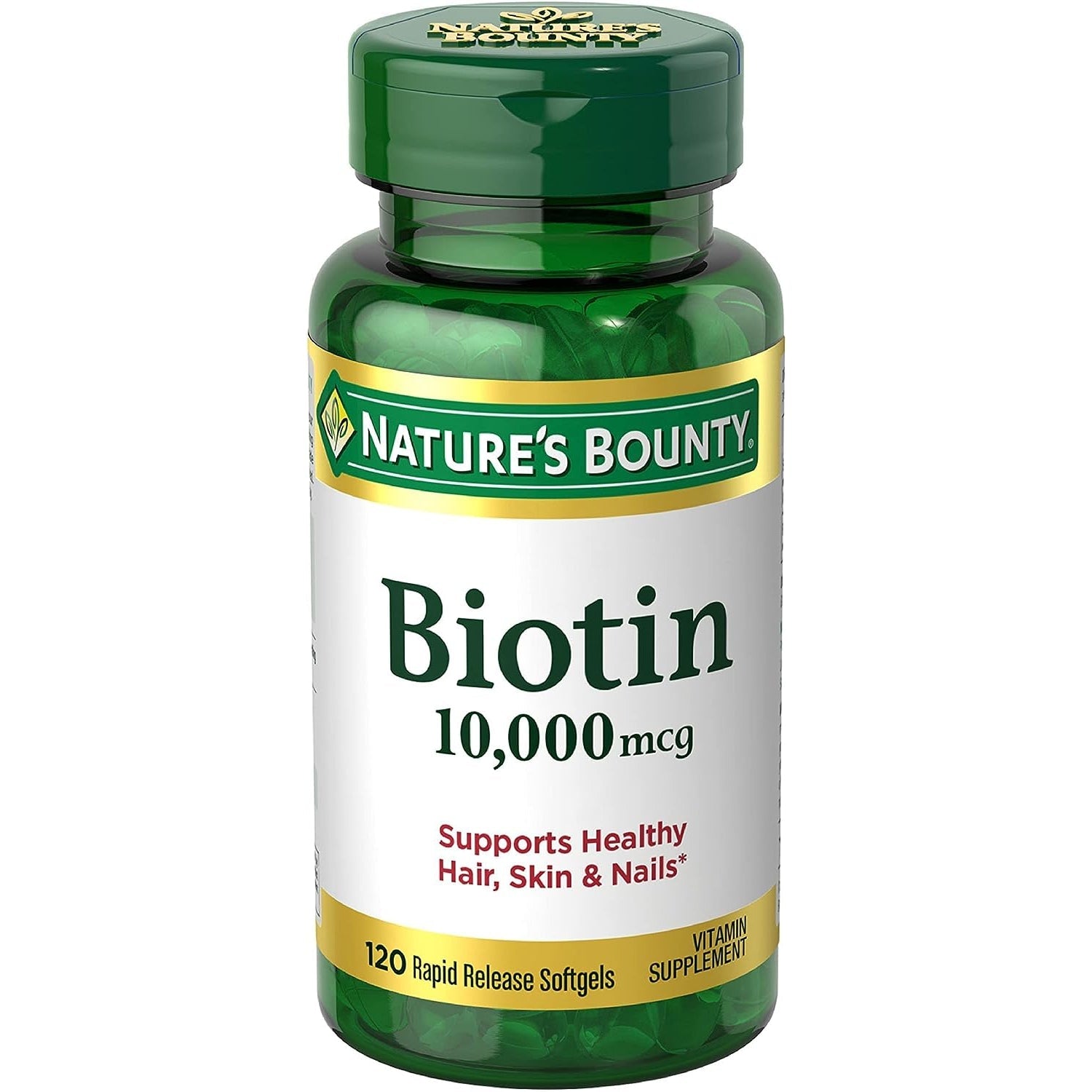 Nature's Bounty Biotin, Supports Healthy Hair, Skin and Nails, 10,000 mcg, Rapid Release Softgels, 120 Softgels