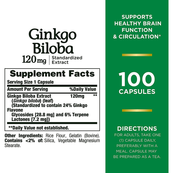 Nature’s Bounty Ginkgo Biloba 120mg, Memory Support Supplement, Supports Brain Function and Mental Alertness, 100 Capsules