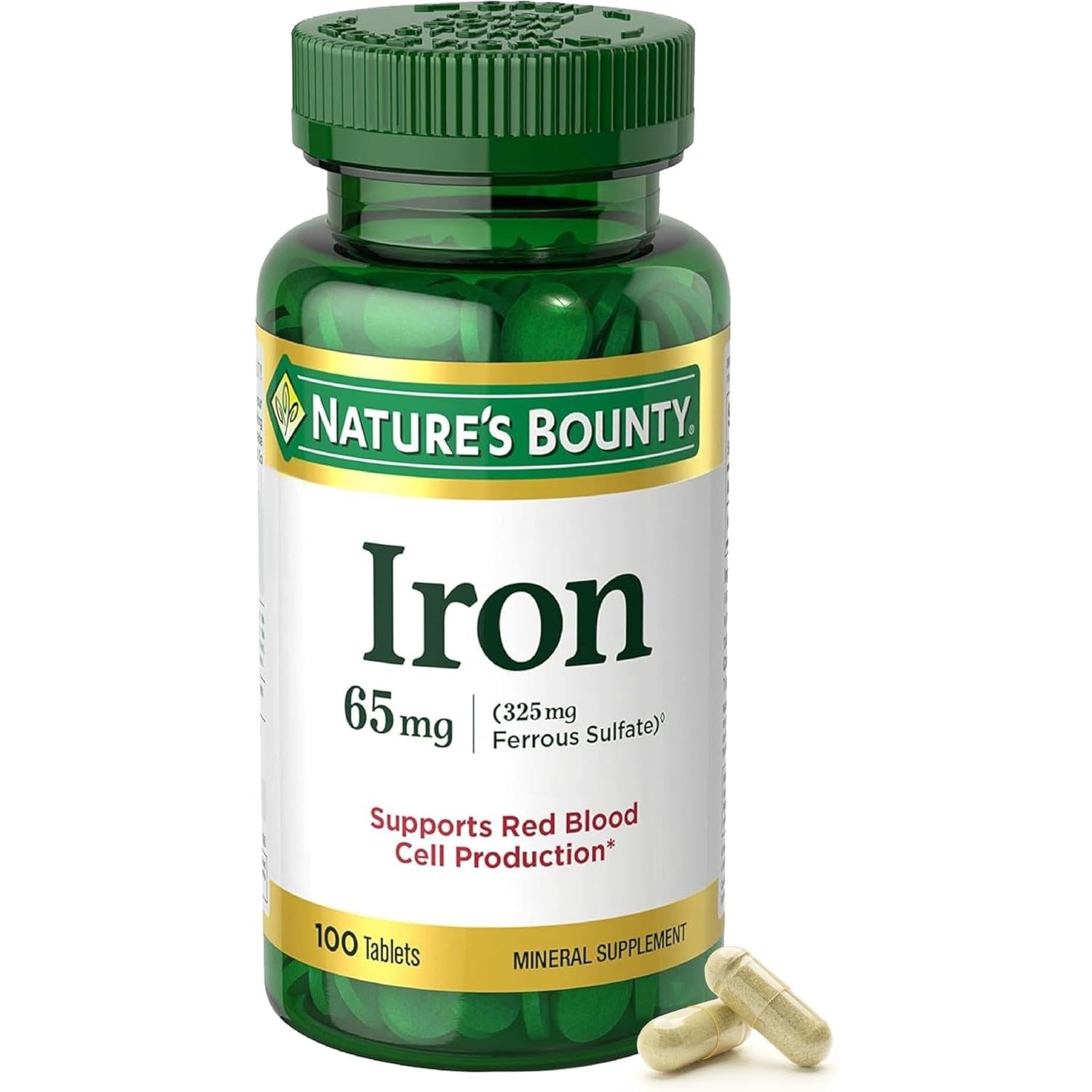 Nature's Bounty Iron 65mg (325 mg Ferrous Sulfate) – 100 Tablets