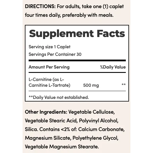Nature's Bounty L-Carnitine 500 mg, 30 Caplets  Healthland Co.