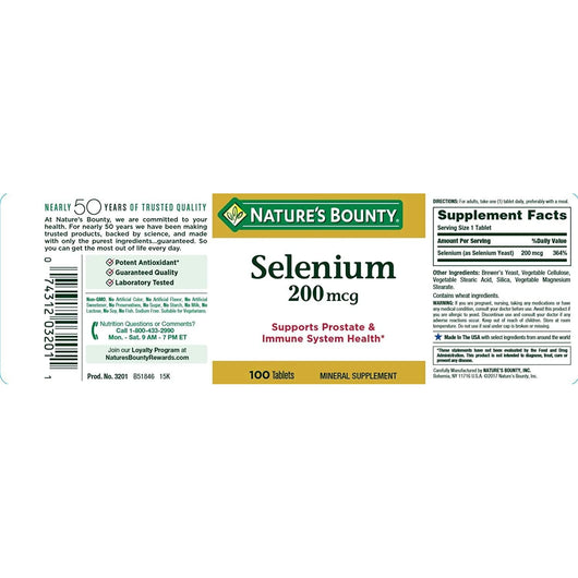 Nature's Bounty Selenium 200 mcg, 100 Vegetarian Tablets