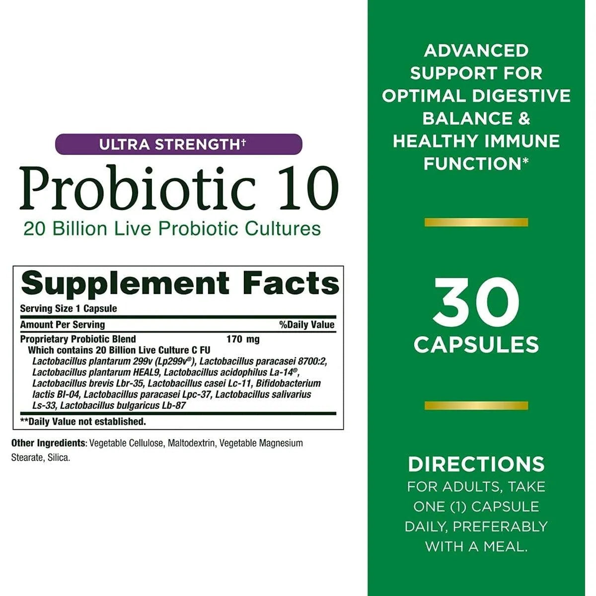 Nature's Bounty Ultra Strength Probiotic 10 with 20 Billion Digestive & Immune Function 30 Capsules