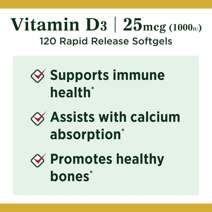 Nature's Bounty Vitamin D3 1000 IU for Bone & Immune Support 120 Softgels