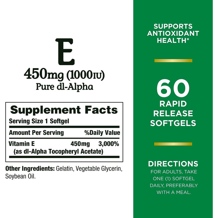 Nature’s Bounty Vitamin E 1000 IU Softgels, Supports Antioxidant Health & Immune System, 60 Softgels