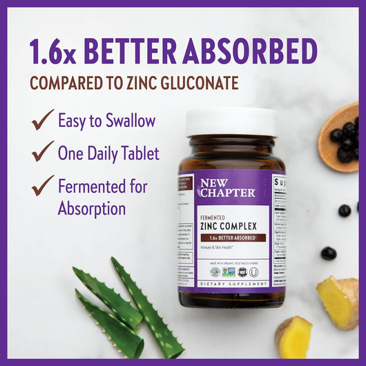 New Chapter Fermented Zinc Complex with Organic Ingredients for Immune Support + Skin Health Non-GMO Ingredients, Easy to Swallow & Digest 60 Vegetarian Tablets