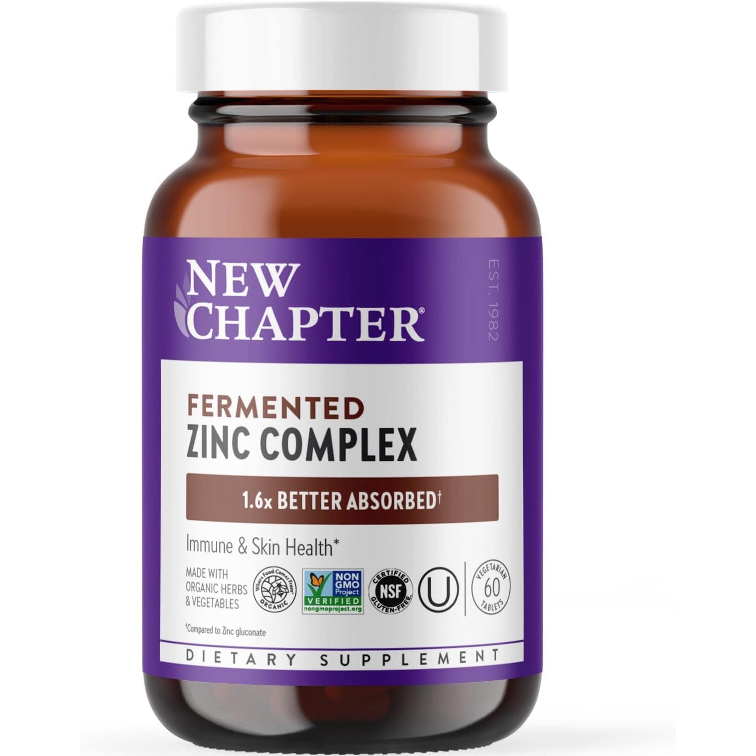 New Chapter Fermented Zinc Complex with Organic Ingredients for Immune Support + Skin Health Non-GMO Ingredients, Easy to Swallow & Digest 60 Vegetarian Tablets