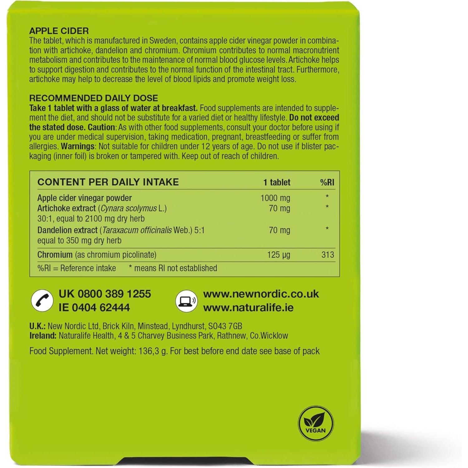 New Nordic Apple Cider Vinegar Digestion - 1000 mg ACV with The Mother 30 Mega Strength Vegan Tablets