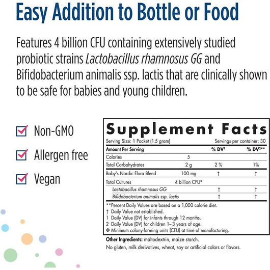 Nordic Naturals Baby’s Nordic Flora Probiotic Powder 4 Billion CFU Digestive Health & Immune Support for Children 6 Months to 3 Years 30 Packets