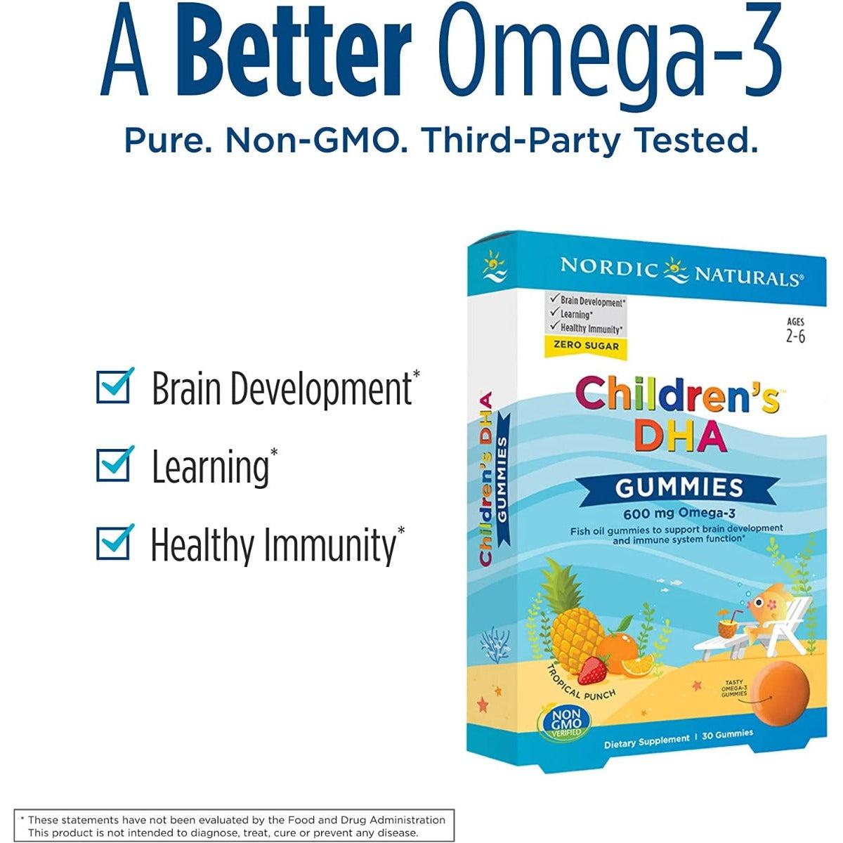 Nordic Naturals Childrens DHA Gummies Tropical Punch 600mg Omega-3 with EPA & DHA Non-GMO For Brain Development 60 Gummies