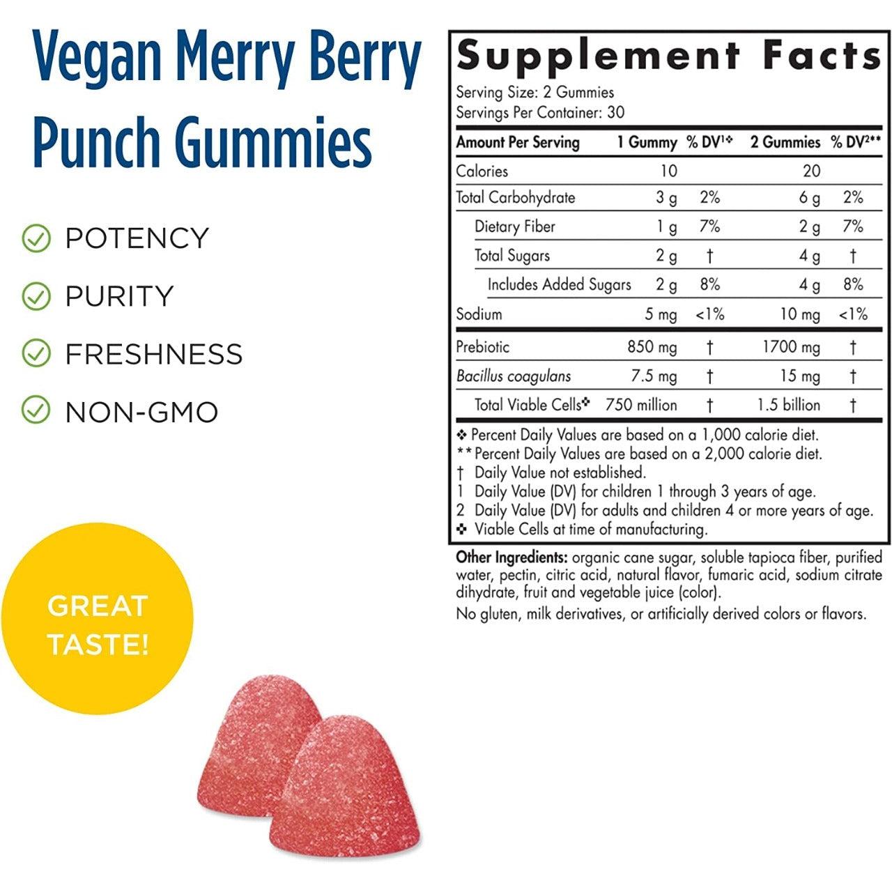 Nordic Naturals Kids Flora Probiotic Gummies 1.5 Billion CFU with Prebiotic Fiber - Non-GMO Vegan Merry Berry Punch 60 Gummies