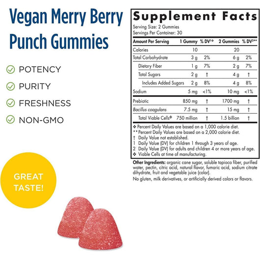 Nordic Naturals Kids Flora Probiotic Gummies 1.5 Billion CFU with Prebiotic Fiber - Non-GMO Vegan Merry Berry Punch 60 Gummies